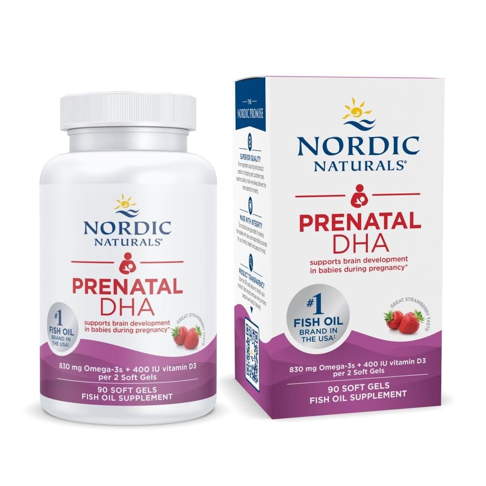 Prenatal DHA, Strawberry - 90 Soft Gels - 830 mg Omega-3 + 400 IU Vitamin D3 - Non-GMO - 45 Servings