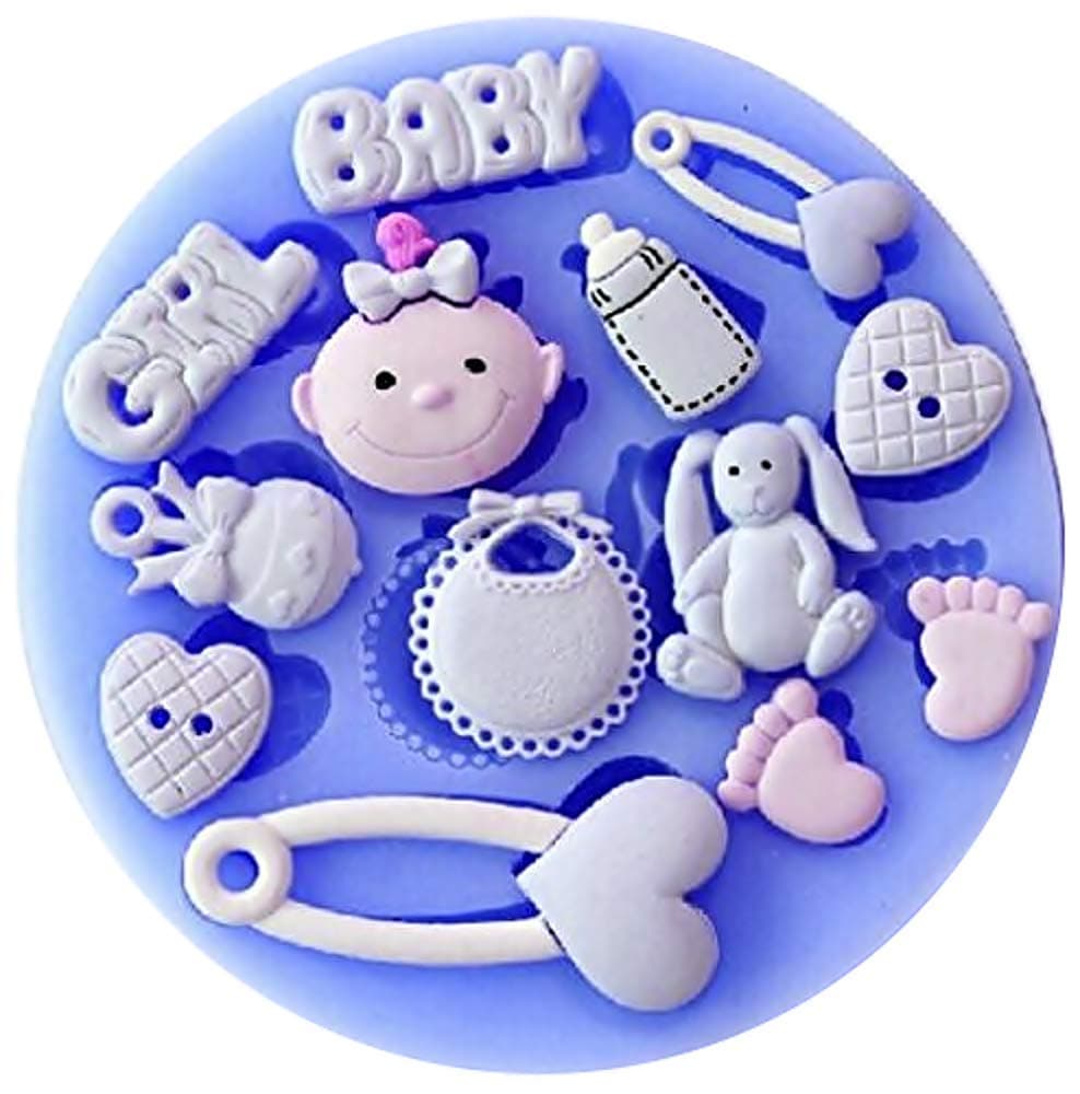 SA084 - silicone molds for baby girl food use - brooch - rabbit - button - heart - rattle - child's feet - Sugar paste - Fondants - Cakes