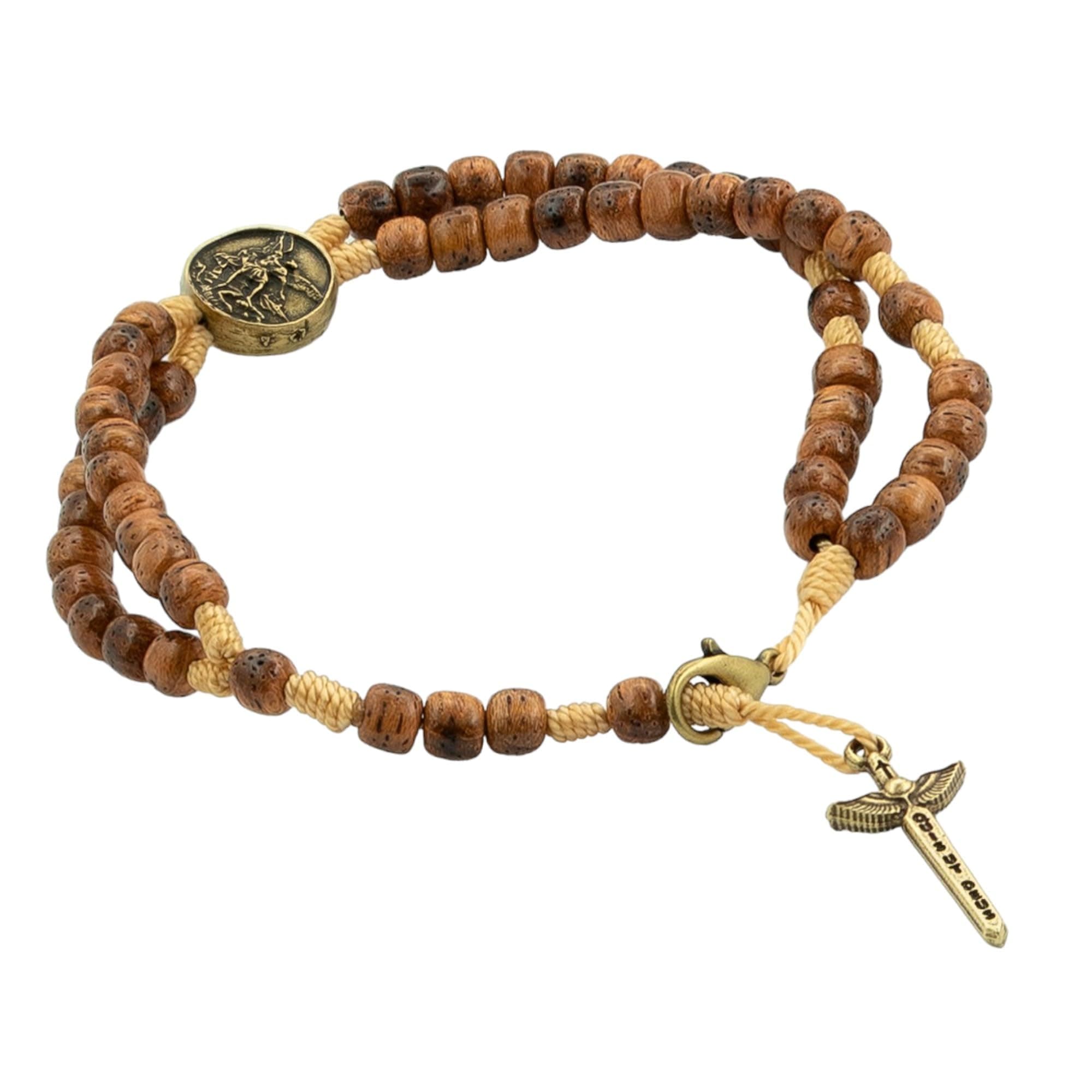 Saint Michael Medal Devotional Catholic Corded Wood Rosary Bracelet for Men & Women, Handcrafted in Brazil