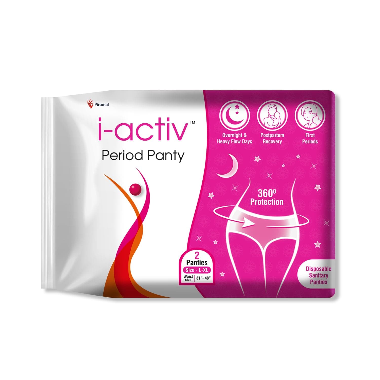 i activ Period Panty for Girls & Women | L-XL | 2's Pack | Disposable Period Panties for Women for Heavy Flow Periods | Maternity Pads after Delivery | 360 Degree Protection | Waist Size - 31" to 48"