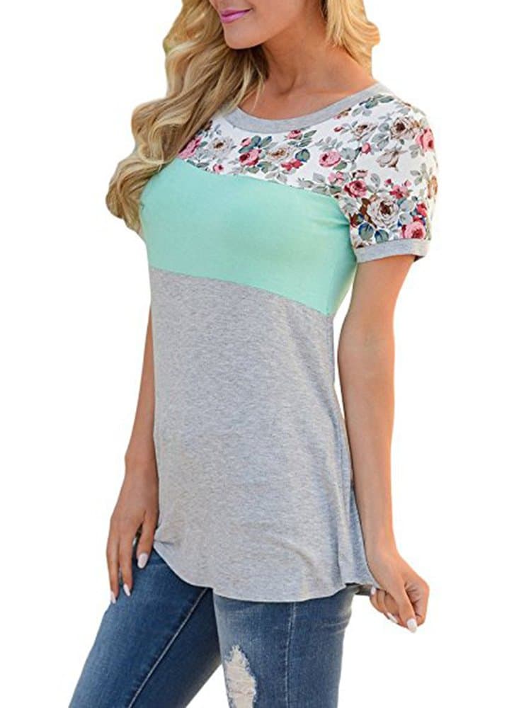 Women Casual Floral Print Short Sleeve Patchwork Blouse Tops (Medium, SkyBlue)