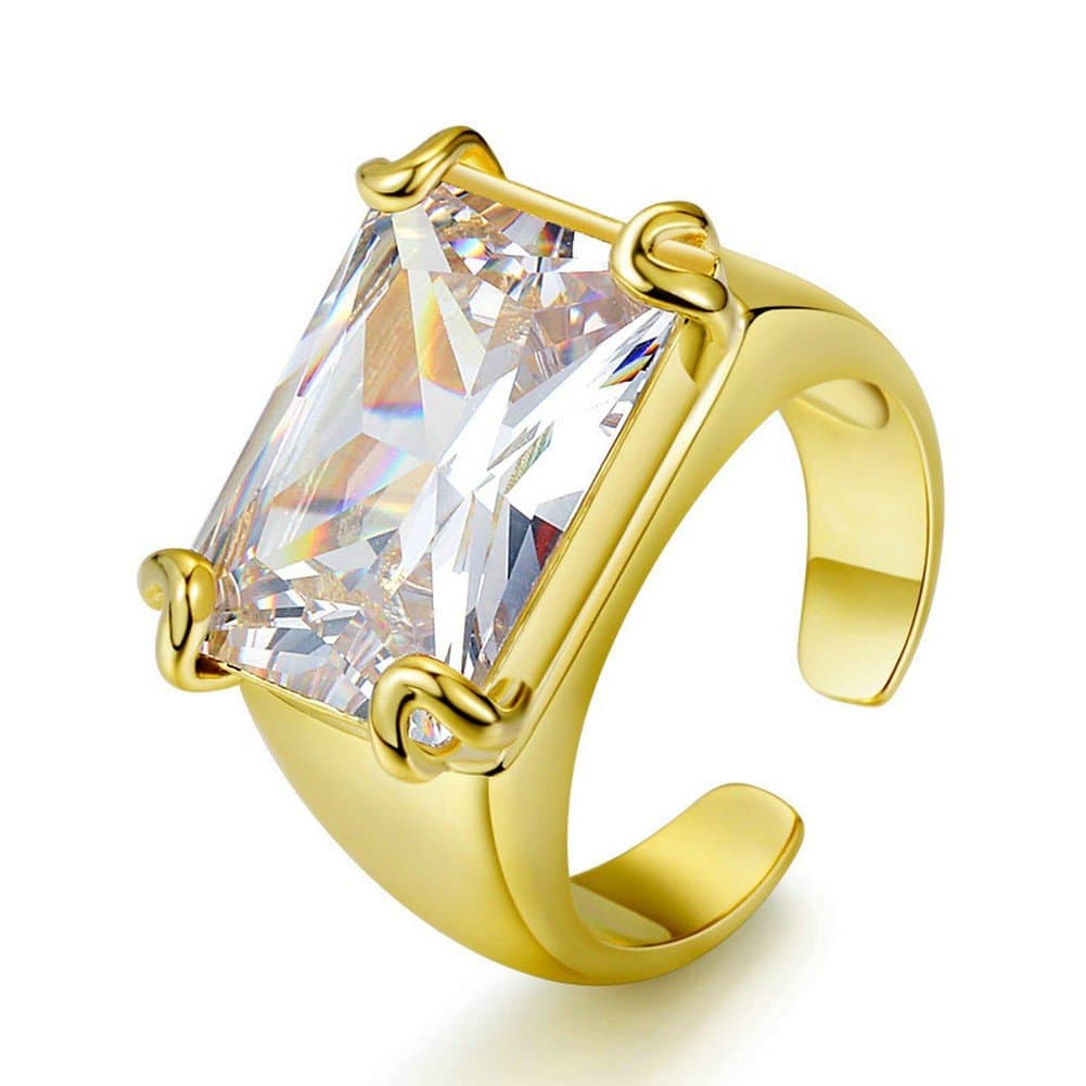 SMRING Luxury Rectangle Cut Crystal Ring Summer Style White/Yellow Gold Plated Bypass Rings Anel Feminino Jewelry