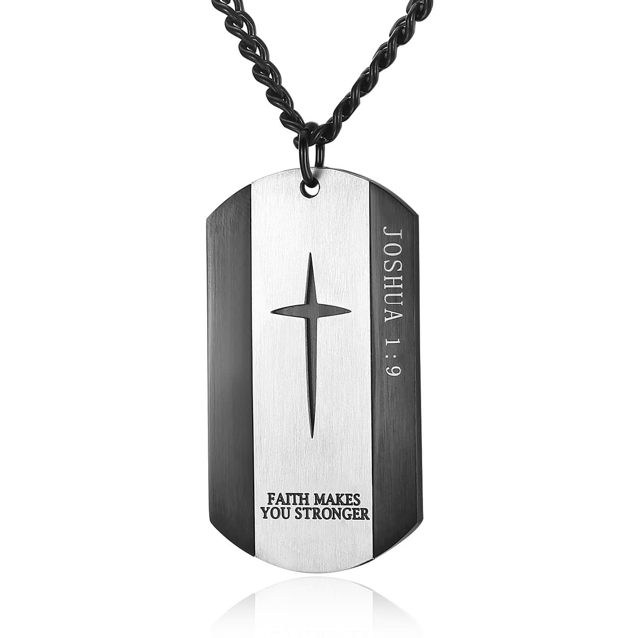 REVEMCN Black Silver Stainless Steel Bible Verse Cross Dog Tag Pendant Necklace for Men, 24-28 Inches Chain