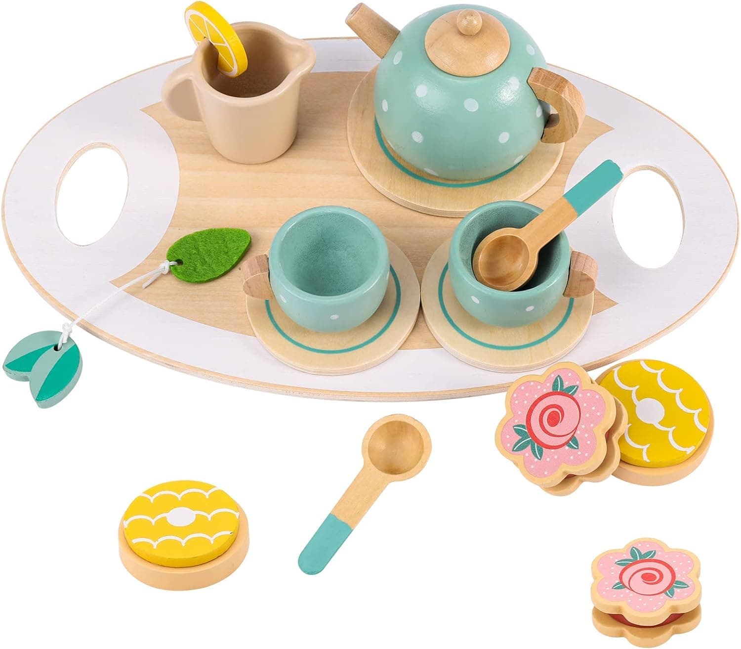 Wooden Tea Set Toys-14 Pcs Play Tea Party Set for Girls, Pretend Play Food Toys for Kids- Play Kitchen Accessories