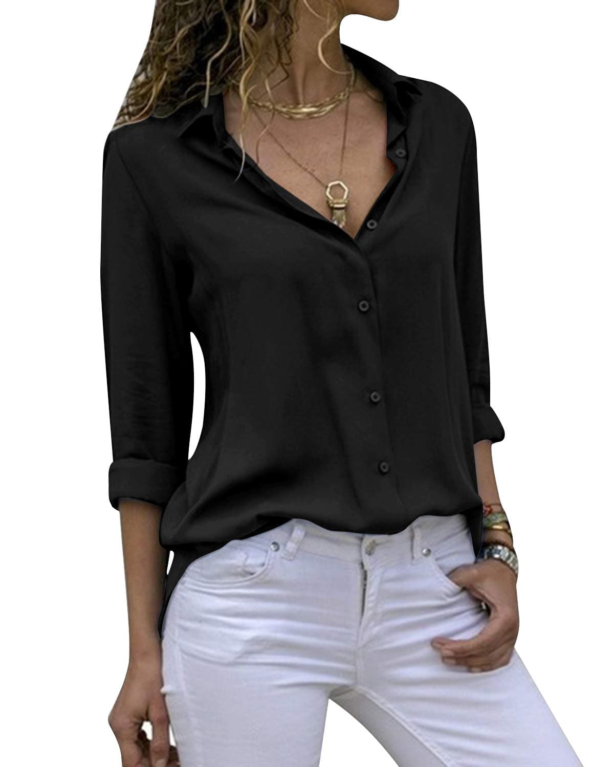 CassiecyWomens Casual Chiffon V Neck Long Sleeve Button Down Blouse Solid Color Shirts Top