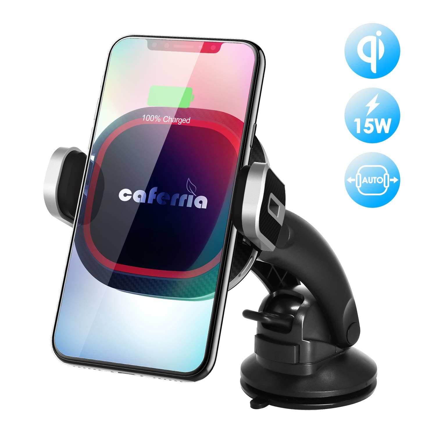 Wireless Car Charger Mount 15W Fast Charging Qi Charger with Infrared Auto Clamping Windshield Dashboard Air Vent Phone Holder for iPhone X XR Xs Max 8 Plus Samsung Note 9/8 S9+ S8+ Edge S7