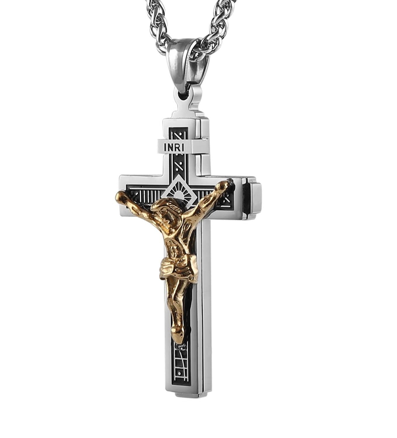 HZMAN Cross Necklace for Men Stainless Steel Jesus Crucifix INRI Cross Pendant Necklace Jewelry Gift