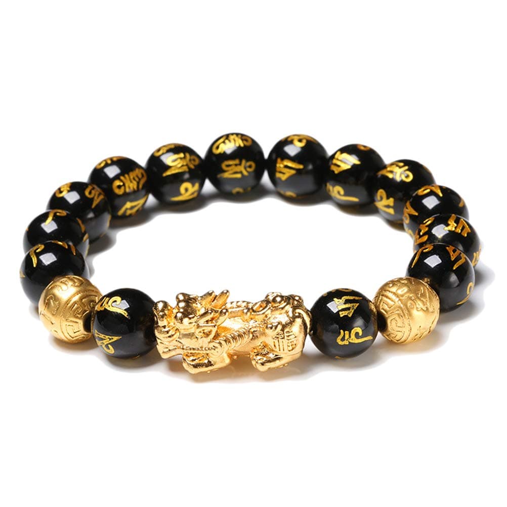 Black Obsidian Wealth Beads Bracelet Lucky Wealthy Amulet Bracelet with Golden Pi Xiu