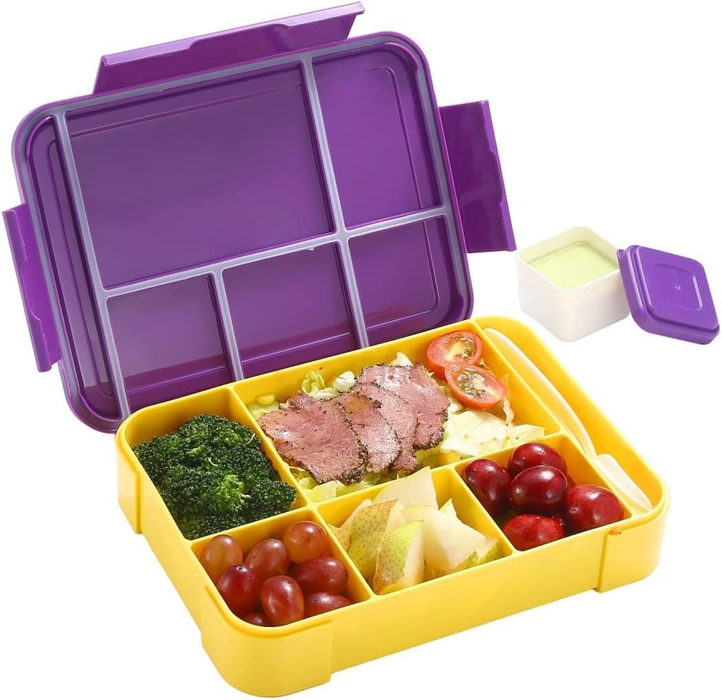 HJB VISSO Bento Box For Kids School, Lunch Box Kids, Leakproof 6 Compartments and Cutlery Set, Lunchbox Toddler Bento Box with Utensils for Back to School, 1450ml Lunch Snack Container (Purple)