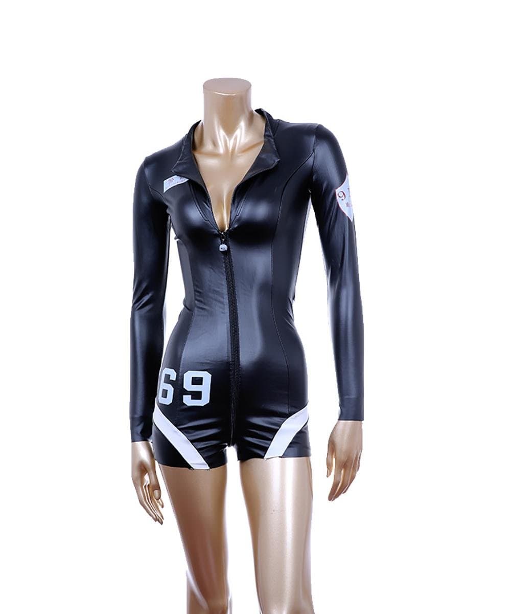 Jumpsuit PU Leather Catwoman Costume Fancy Dress Catsuit Hen Party Outfit Adult Cosplay Tight Bodysuit Zip Up Black , M