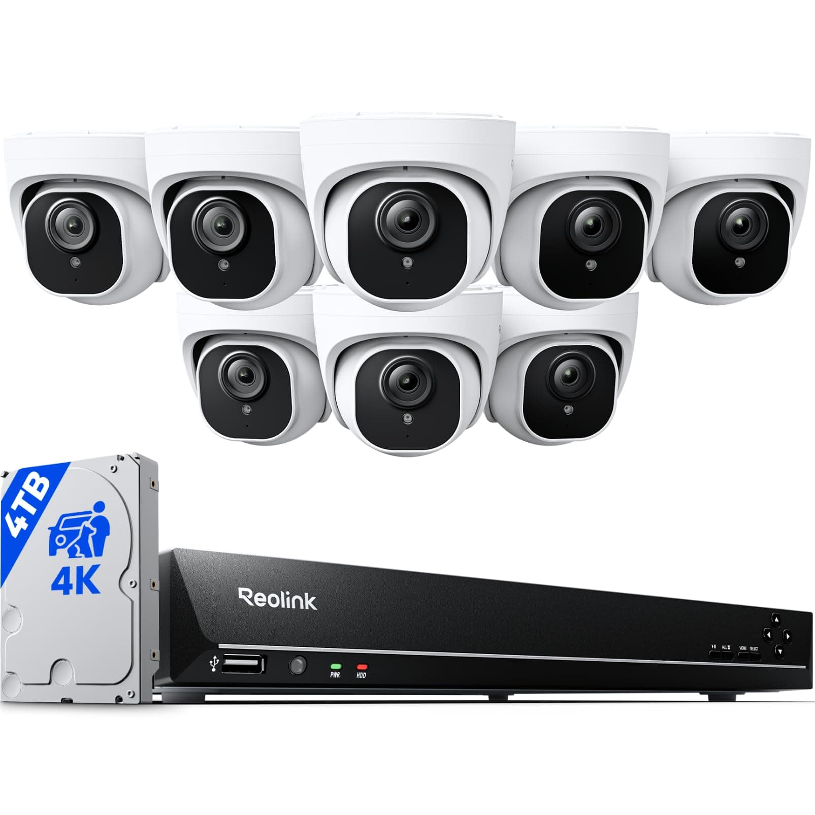 - REOLINK 4K PoE Security Camera System Wired, 8pcs 8MP PoE Cameras, Smart Person/Vehicle Detection, 16CH NVR with 4TB HDD, H.265, 24/7 Recording, High Bitrate & Clear Stream, RLK16-800D8