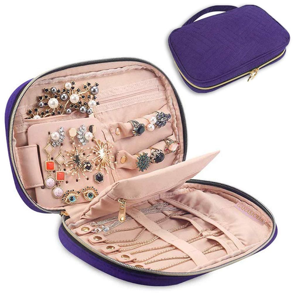 GANAMODA Jewelry Travel Organizer Bag, Portable Traveling Jewelry Case for Earrings, Necklace, Rings, Watch, Bracelets, Soft Padded for Protection, Purple