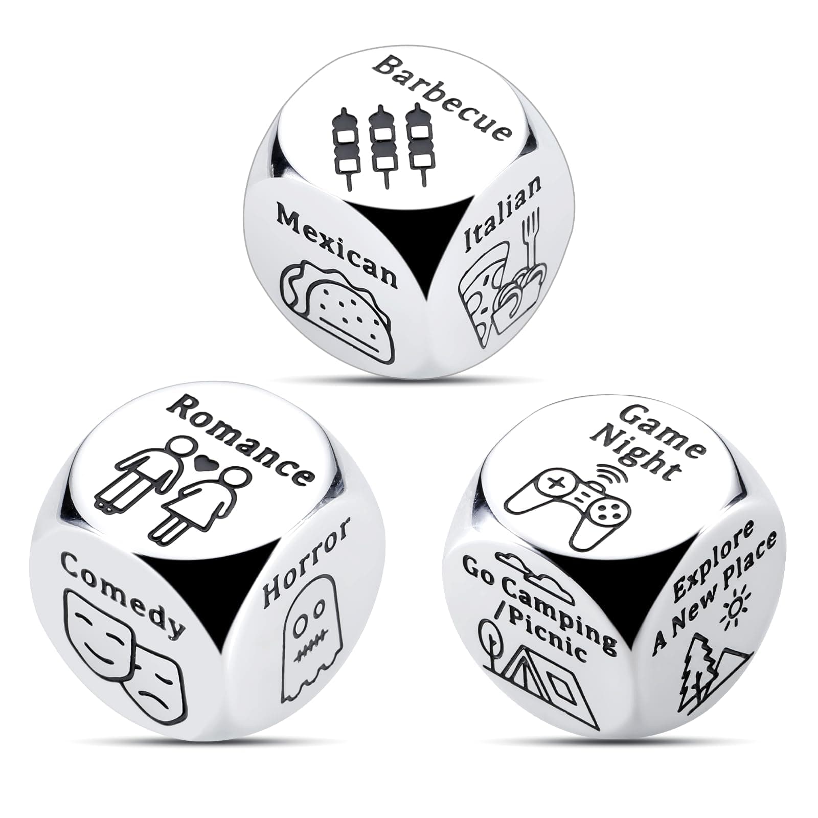 Couples Dice, Steel Gifts for Him and Her, Couple Gifts for Boyfriend, Girlfriend, Husband, and Wife, Food Decider for Date Night, Ideal for Valentine's Day, Halloween, Christmas, and Birthday, 3 PCS