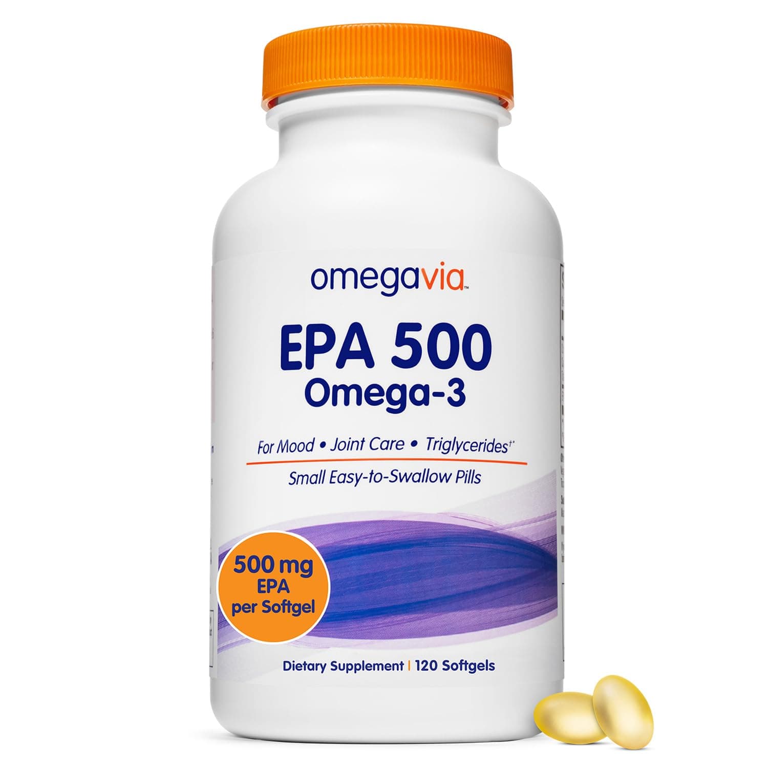OmegaVia EPA 500, Purified Omega-3 Fish Oil Supplement, 500 mg EPA in Triglyceride Form, Burpless Fish Oil, Non-GMO, Gluten-Free, IFOS 5-Star, 120 Softgels