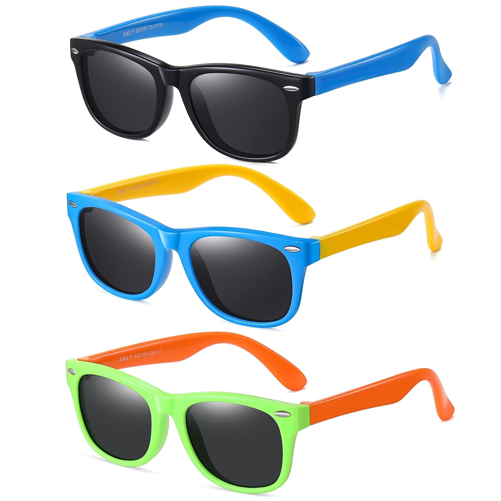 DYLBKids Polarized Sunglasses for girls boys 3 Pack, Flexible TPEE Rubber Frame for Children Age 3-8. (Black Blue+ Blue Yellow +Mint Green Orange)
