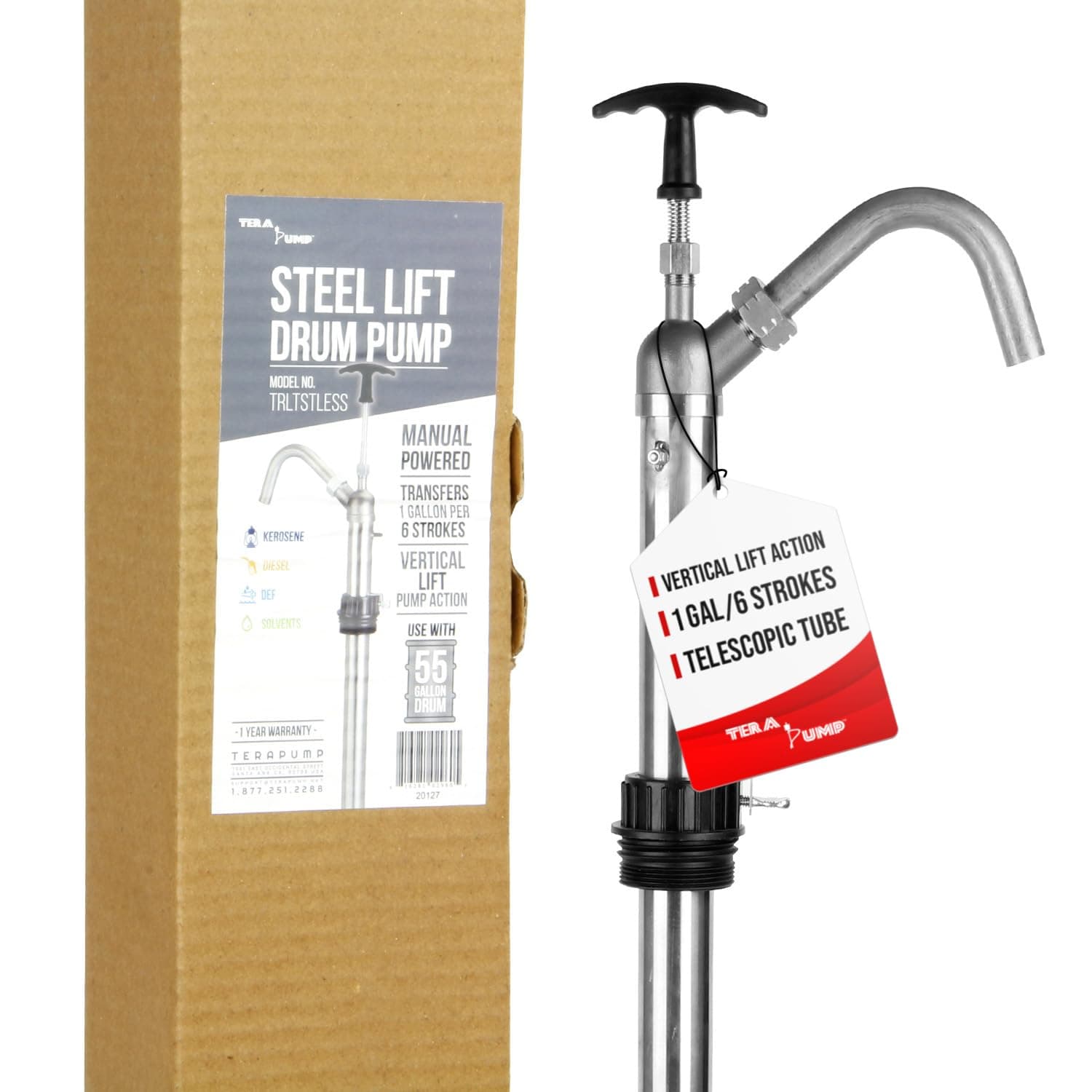 TERA PUMP Vertical Lift 55 Gallon Drum Pump, 316 Self Priming Stainless Steel DEF Pump, Adjustable 2 inch Bung Adapters to fit 15-55 Gallon Drums, Great for Diesel, Kerosene, Solvents and more