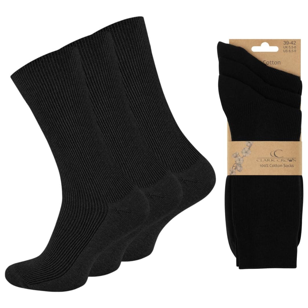 Wonky Line100% Cotton Socks, Natural Pure Cotton Socks for men and women, 3 pairs pack, soft top, seamless toe, hypoallergenic, undyed, ribbed socks, black and beige colours