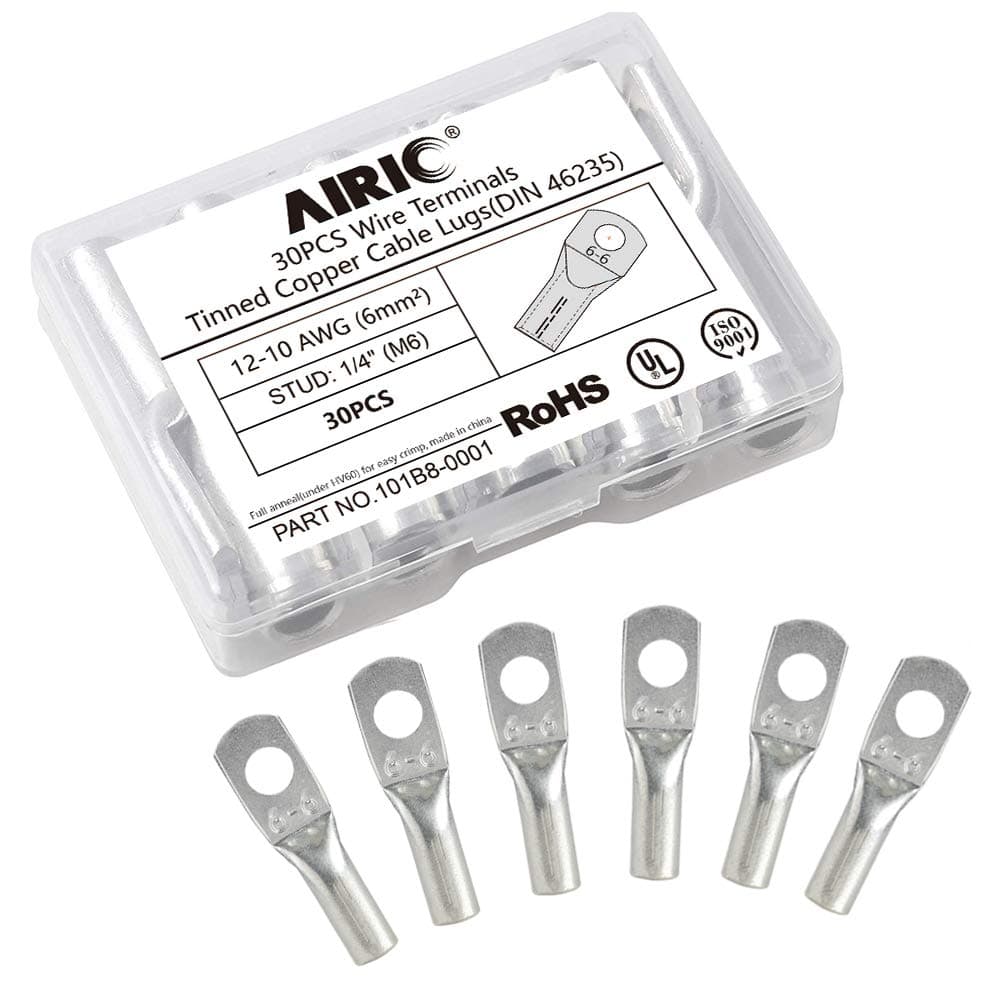 AIRIC 30 pcs Battery Cable Lugs 12-10 AWG - 1/4" Stud (M6) Battery Terminal Connectors, UL Heavy Duty Battery Cable Ends, Tinned Copper Tubular Ring Terminals, Crimp Wire Eyelets Electrical Connector