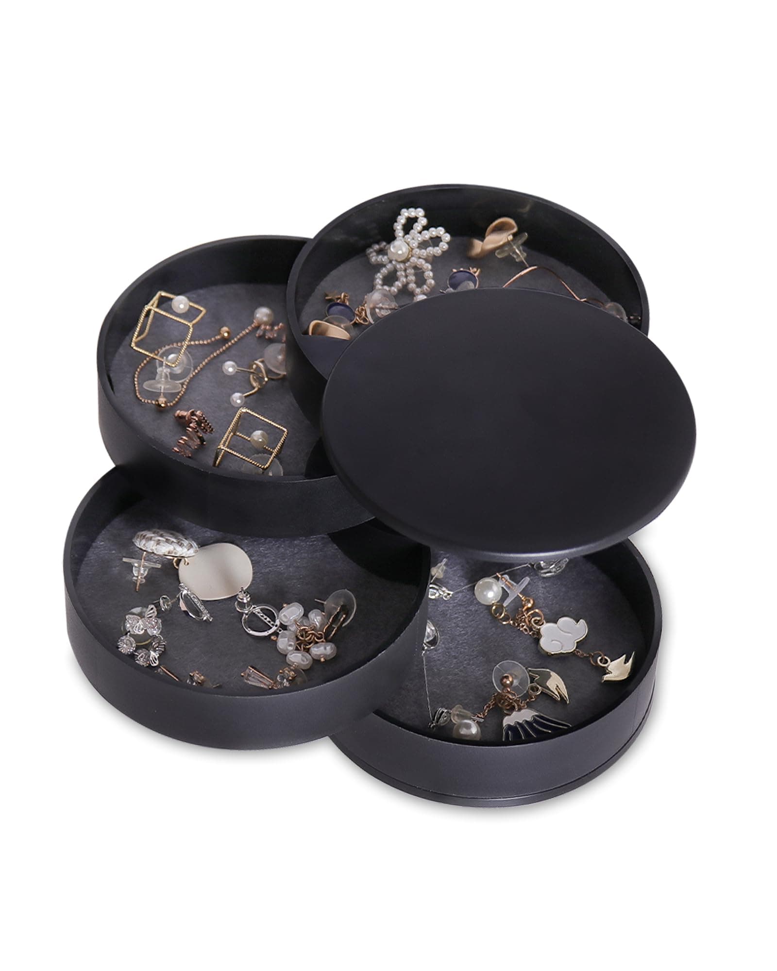 CONBOLA Jewelry Organizer, Small Jewelry Storage Box Earring Holder for Women, 5-Layer Rotating Travel Jewelry Tray Case with Lid for Bracelets Rings Bracelets(Black)
