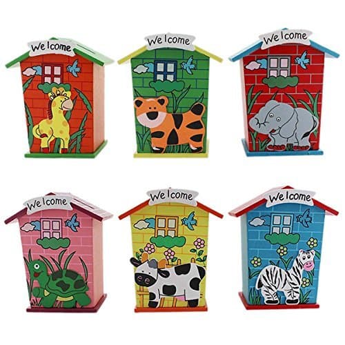 Amigozz Wooden Piggy Bank Wood House Animal Designs - Pack of 6