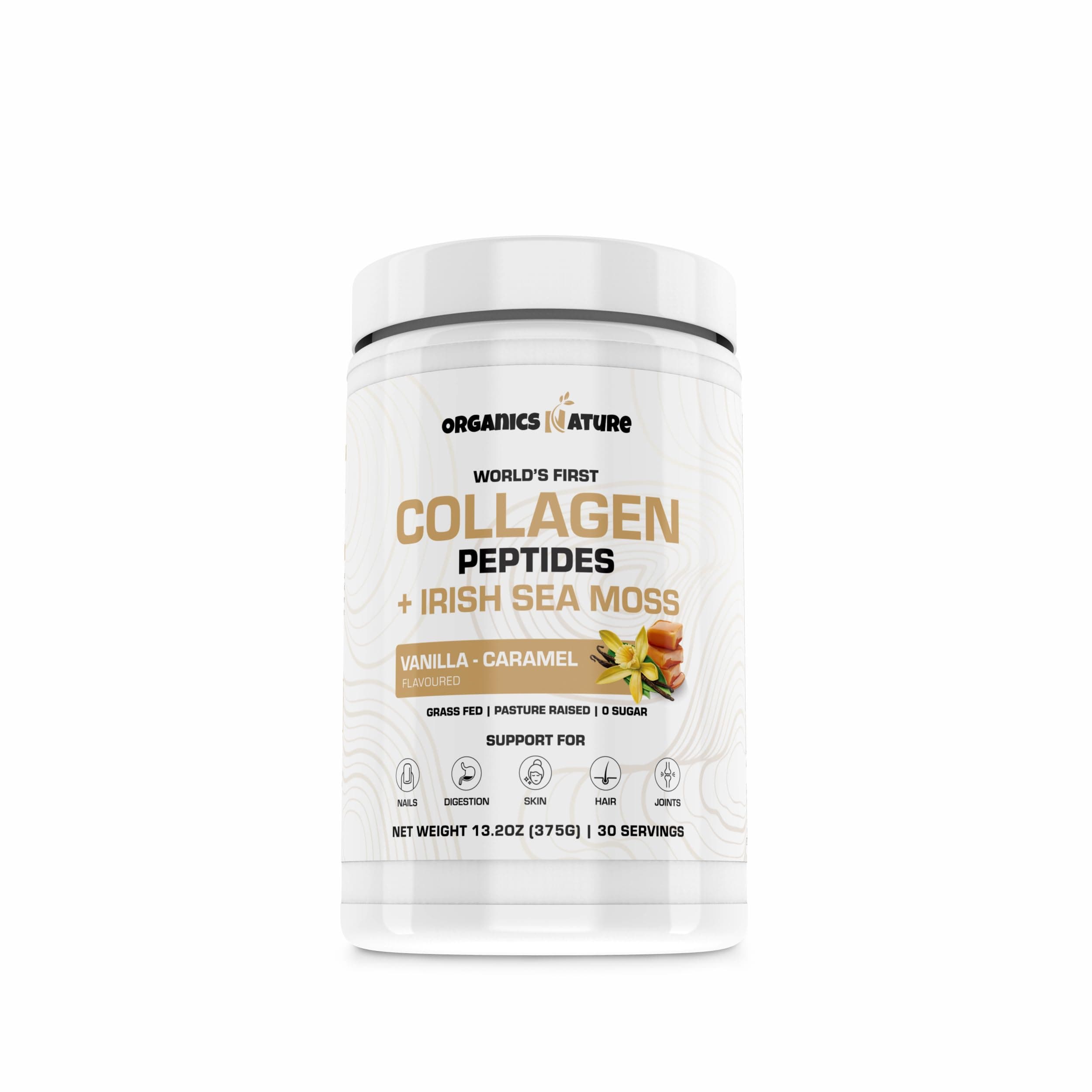 ORGANICS NATURE Collagen Peptides Powder with Irish Sea Moss Vanilla Caramel Flavored | Naturally Sourced Hydrolyzed Collagen w/Biotin for Hair, Skin, Nail, and Joint Support 30 Servings 380 gr