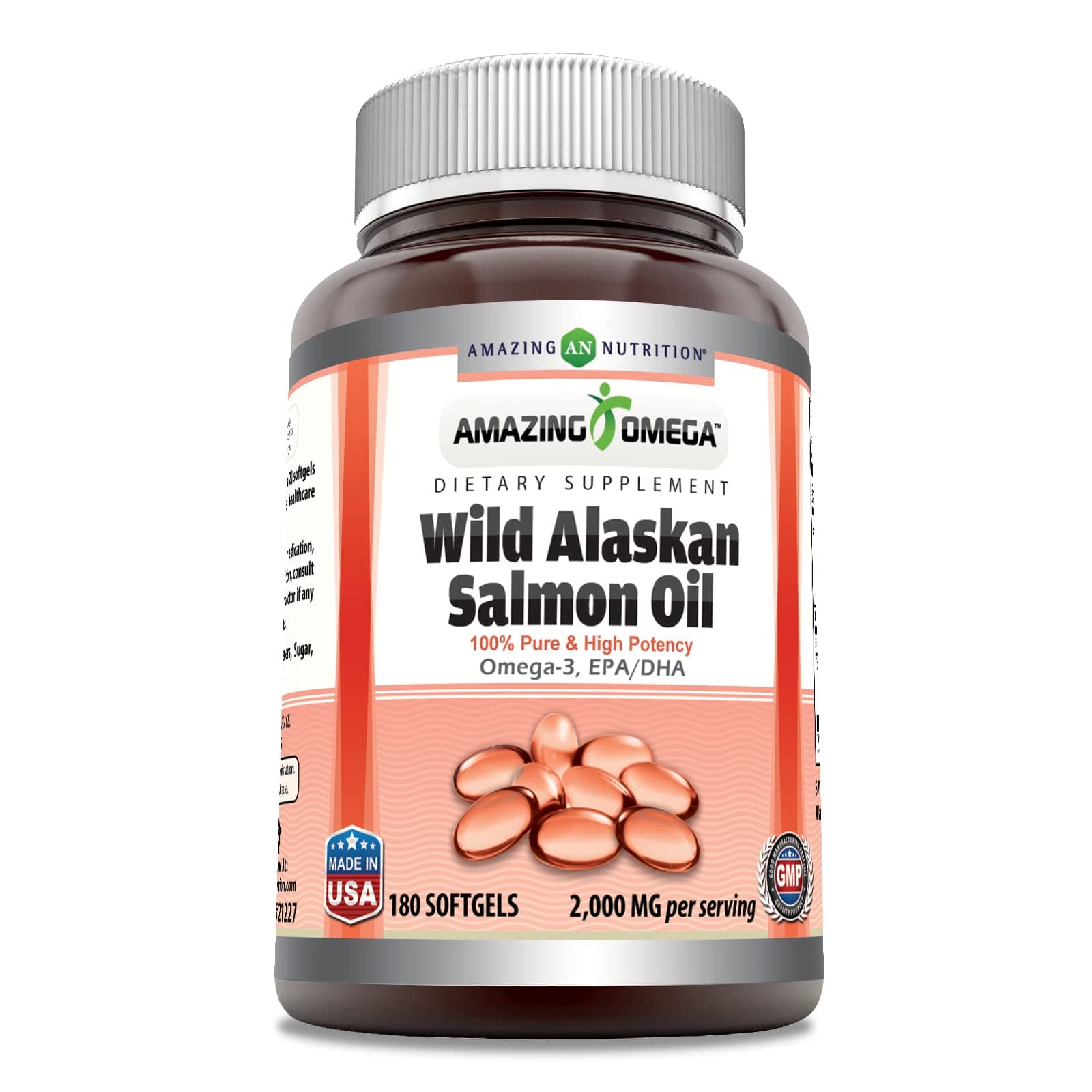 Amazing Omega Wild Alaskan Salmon Oil Supplement | 2000 Mg per Serving | 180 Softgels | Non-GMO | Gluten-Free | Made in USA