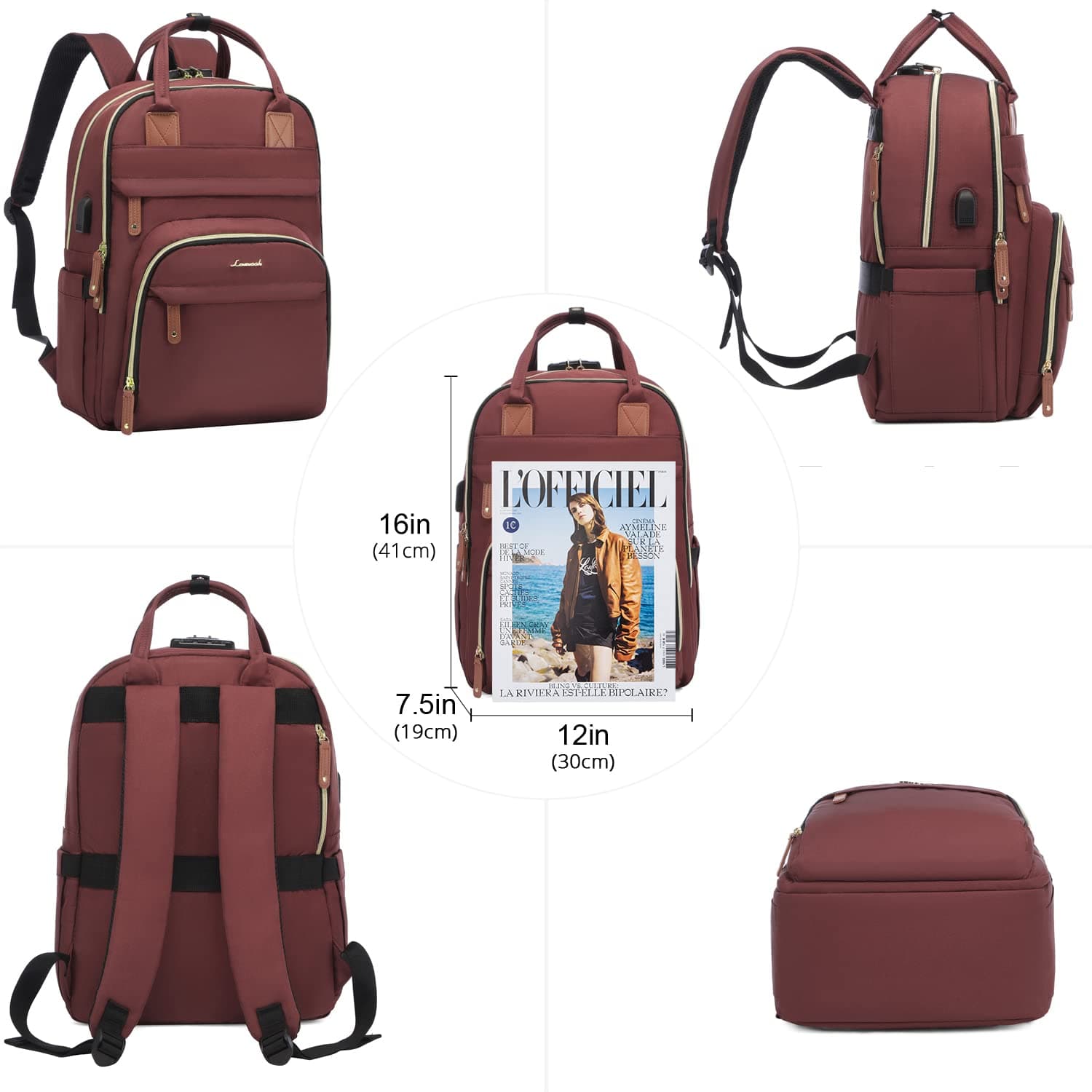 LOVEVOOK Laptop Backpack Purse for Women with 15.6-inch Laptop Compartment, Large Travel Anti-theft Work Bags with Lock, Business Computer College Backpacks, Casual Daypack with USB Port, Red Brown