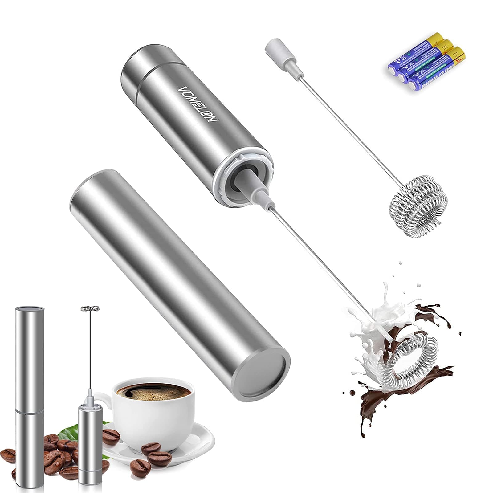Milk Frother Handheld, Travel Coffee Frother Milk Streamer Foam Maker Drink Mixer with 2 Stainless Steel Whisks for Hot Chocolate, Batteries Included, Silver
