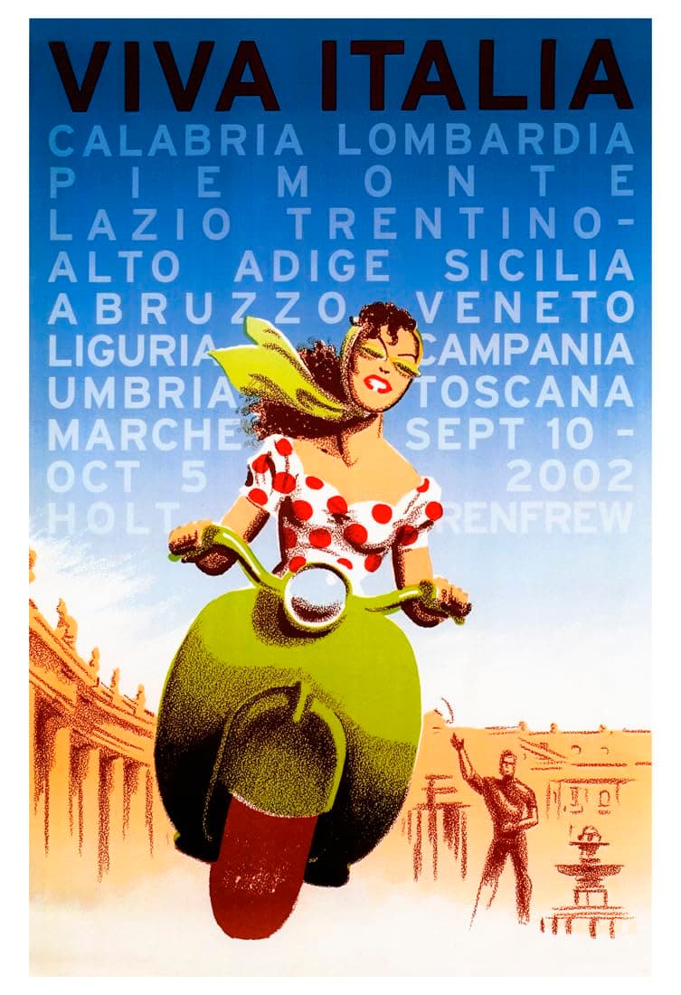 Viva Italia Poster, Vintage Italian Travel Poster, Italy, Vespa, Bella Donna, Art Print