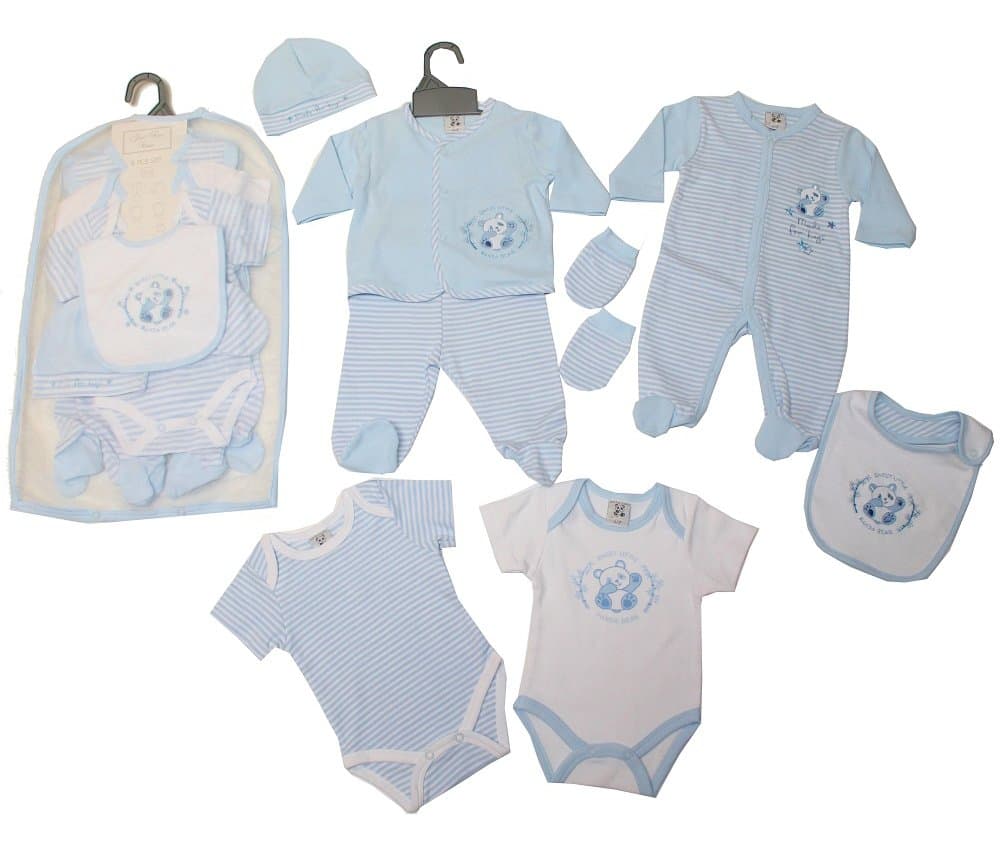 Newborn Baby Boys 8 Piece Layette Net Bag Starter Clothing Gift Set Panda Themed Sleepsuit, Jacket, Trousers, Bib, 2X Bodysuits, Hat, Mittens White