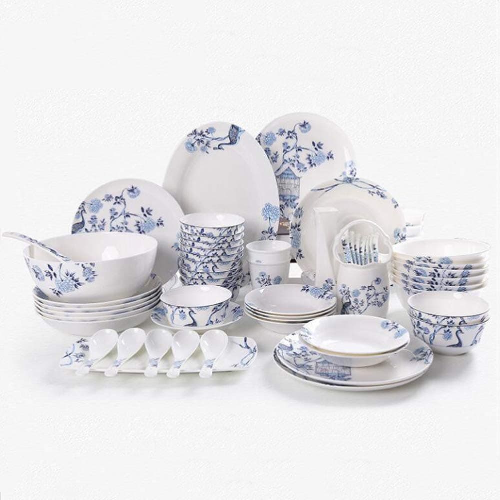 YLee Bone China Tableware Set Jingdezhen Tableware Chinese Blue and White Porcelain Tableware Home Chinese Cuisine Plate 4-6 People Cutlery Set