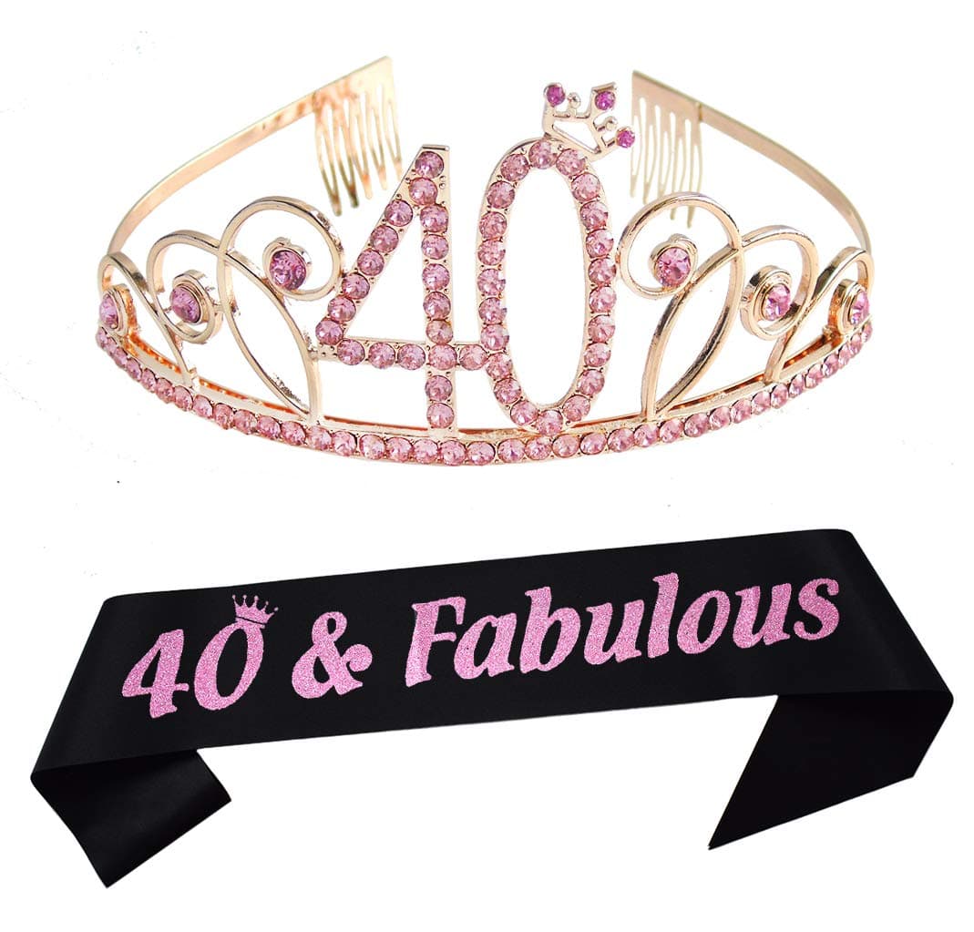 40th Birthday Tiara and Sash Happy 40th Birthday Party Supplies 40 Fabulous Black Glitter Satin Sash and Rose Gold Crystal Tiara Princess Birthday Crown for Women 40th Birthday Party Decorations