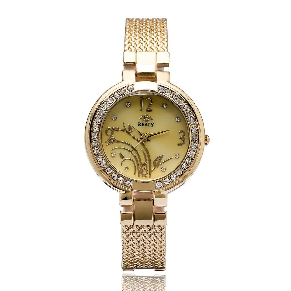 REALY Women Flower-Plated Dial Ultra Thin Quartz Crystal Accented Alloy Bracelet Wrist Watch