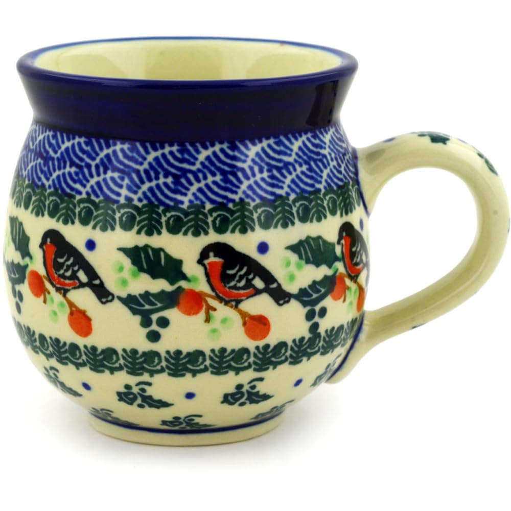 Authentic Polish Pottery Bubble Mug 12 oz in Holly Robin Design Handmade in Bolesławiec Poland by Ceramika Artystyczna + Certificate of Authenticity