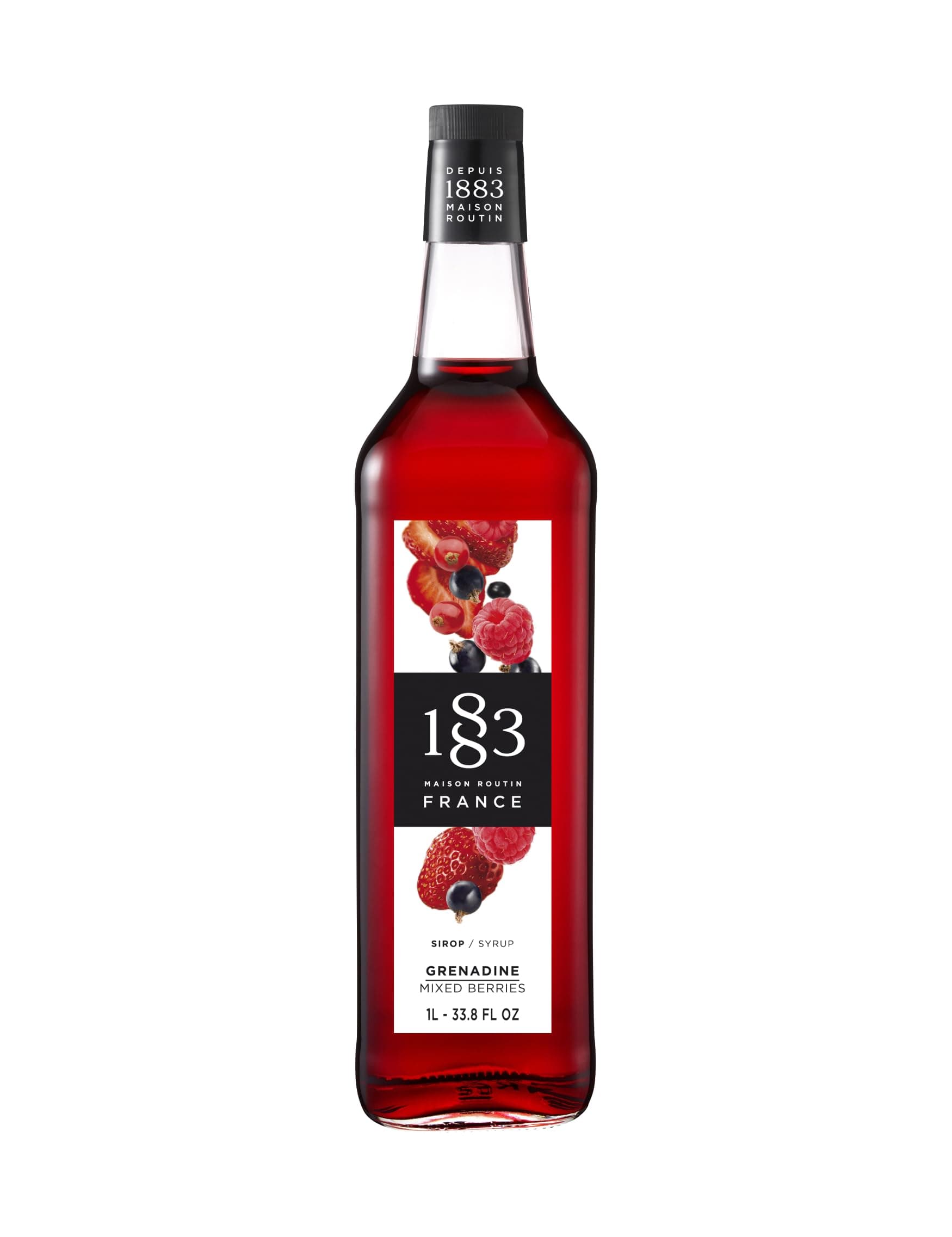 1883 Grenadine Mixed Berries Syrup for Drinks, Made in France, 1 Liter Glass Bottle
