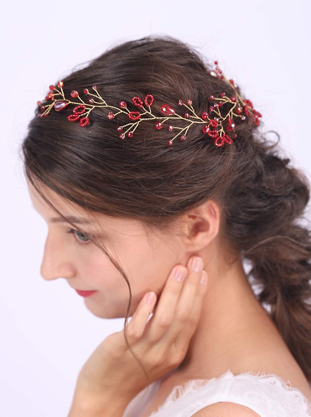 Bridal Headband Red Crystal Hair Vine Ruby Headpiece for Brides Bridesmaid Wedding Prom Festival Hair Accessories for Women and Girls