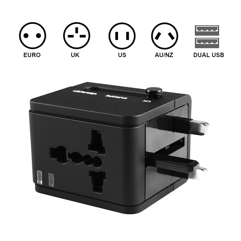 Travel Adapter, ITAOLEBI Universal Power Adapter International Wall Charger AC Power Plug Adapter, Dual USB Port for US EU UK AUS Mobile Phone Laptop (Black)