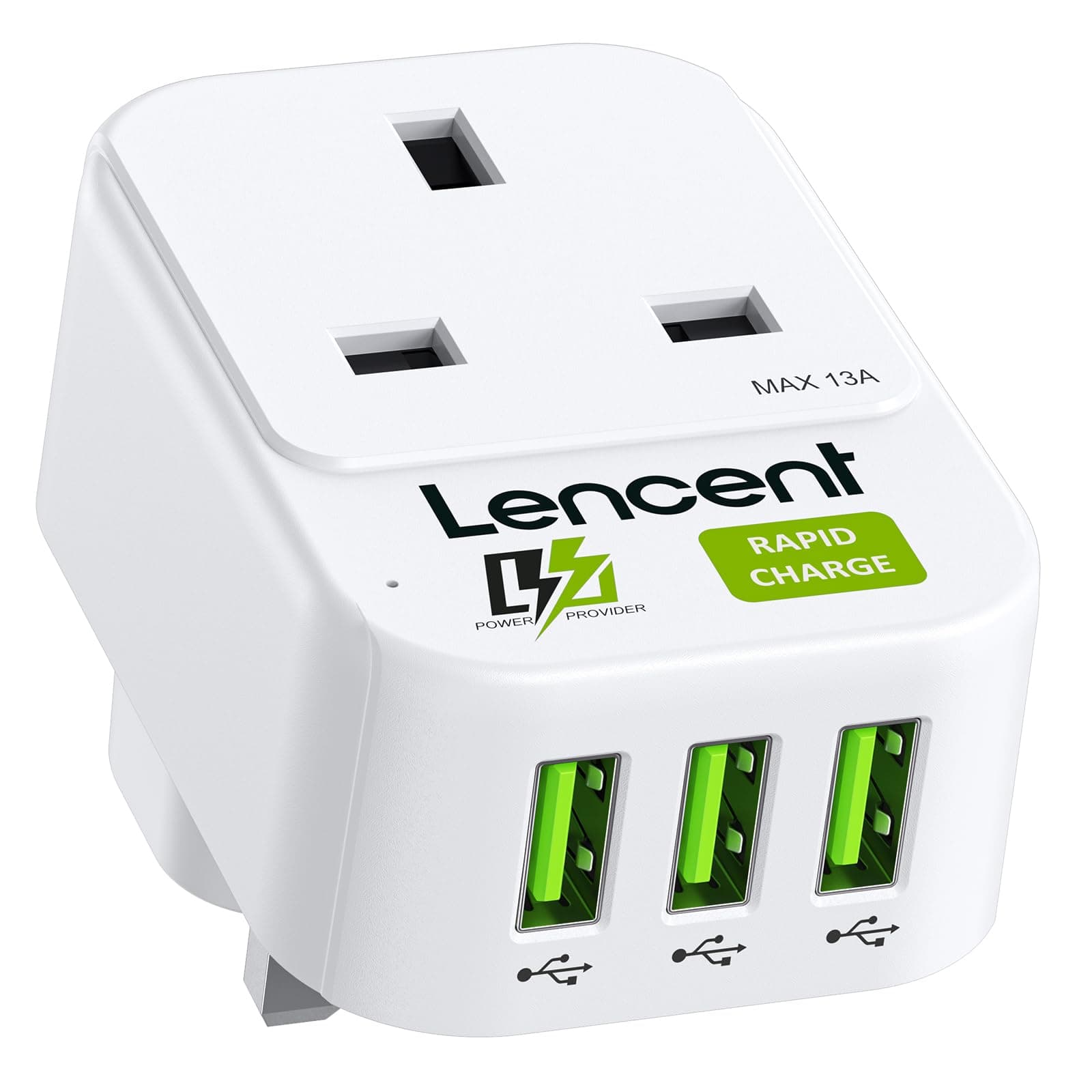 USB Outlet Plug Extender with 3 USB Ports, 1 Way Socket Adaptor, Multi Outlet Wall Charger Adapter, Mains Charger Plug Extension, Ideal for Home, Office 3250W