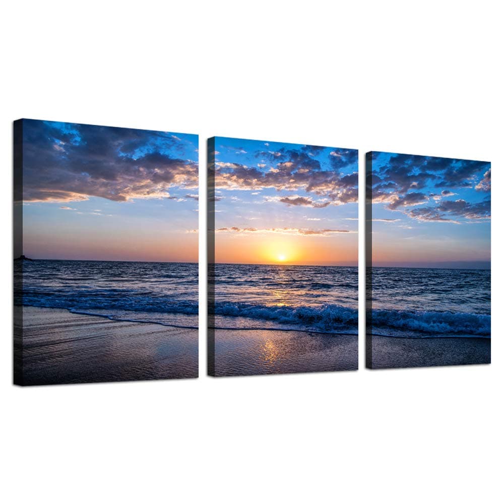 hyidecorart 3 Piece Canvas Wall Art -Sunrise blue sea view Landscape - Modern Home Decor Room Stretched and Framed Ready to Hang - 12"x16"x3 Panels