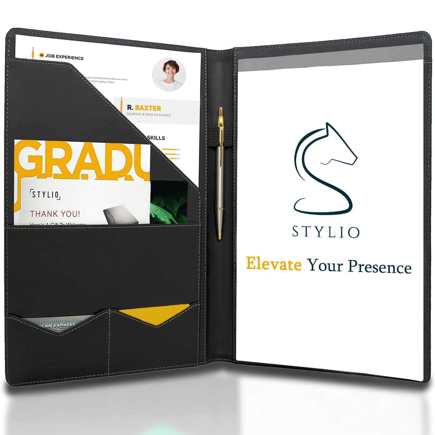 STYLIO A4 Conference Folder, Resume Portfolio, Interview/ Legal Document Organiser & Business Card Holder W/ Writing Pad. Beautiful Piano Black Faux Leather Matte Finish & Accent Stitching