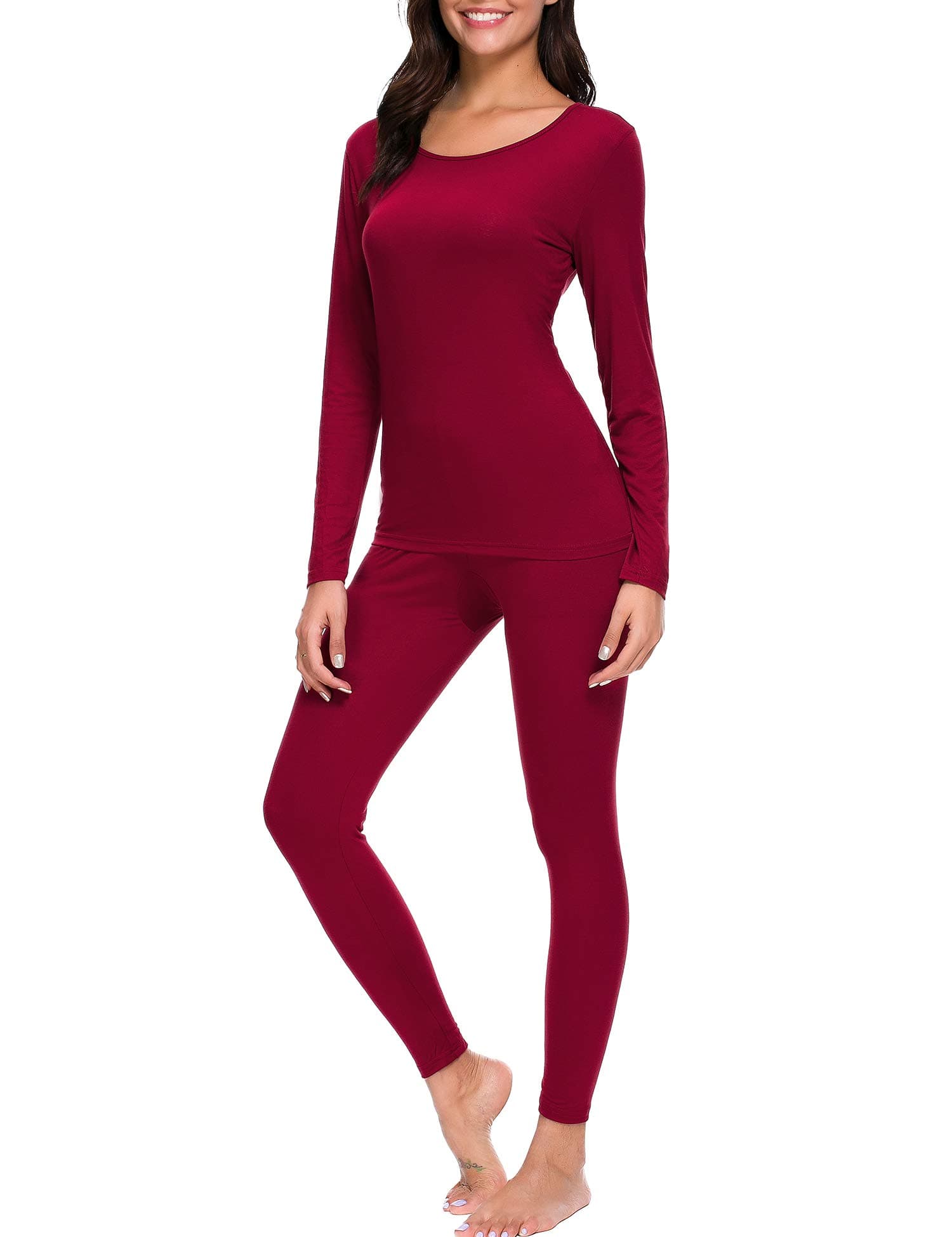 CzDolay Women's Lightweight Thermal Underlayer Round Neck Top & Full Length Bottom (Wine Red, XL)