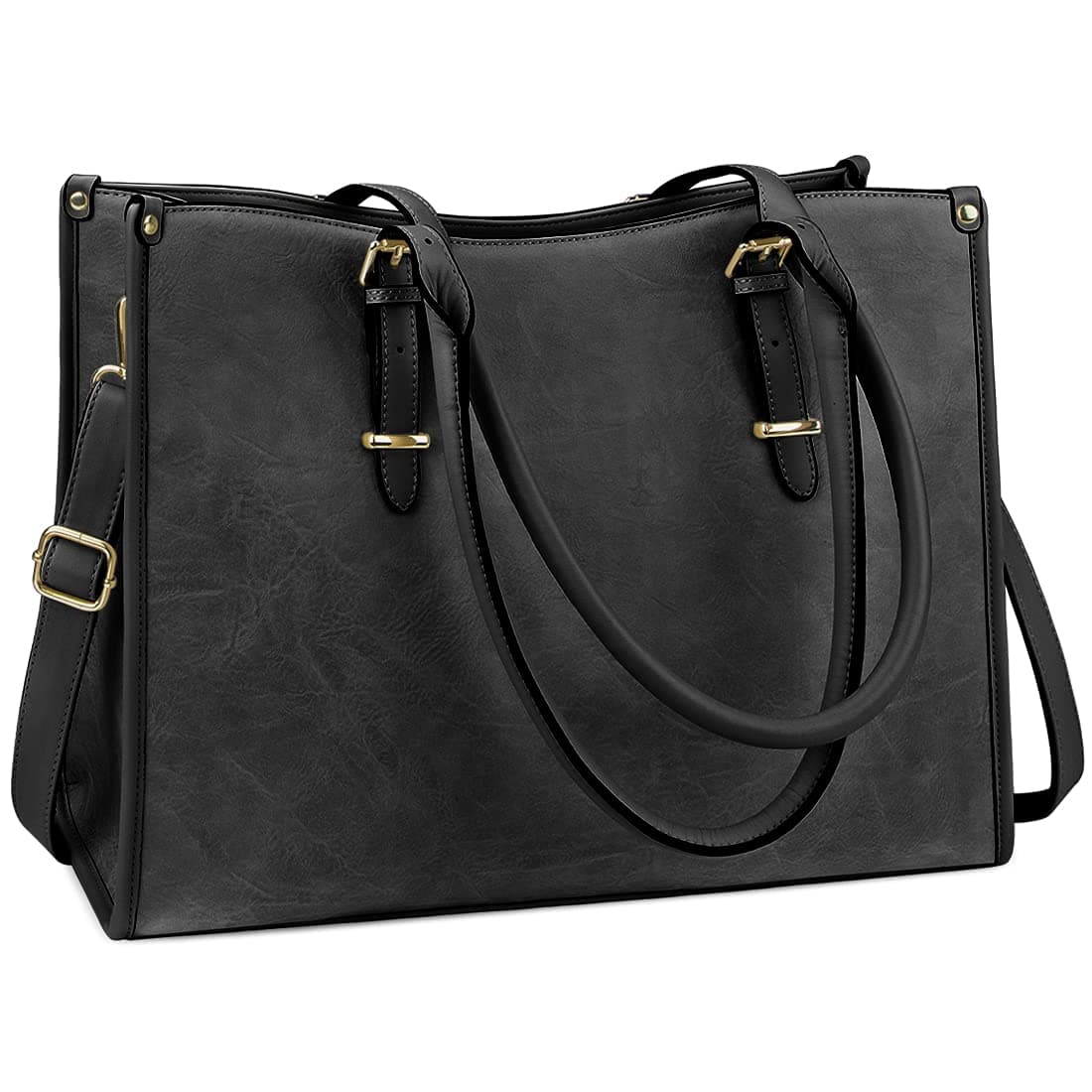 15.6 inch Laptop Handbag Large Leather Shoulder Bag for Women Work School Shopping Business Black