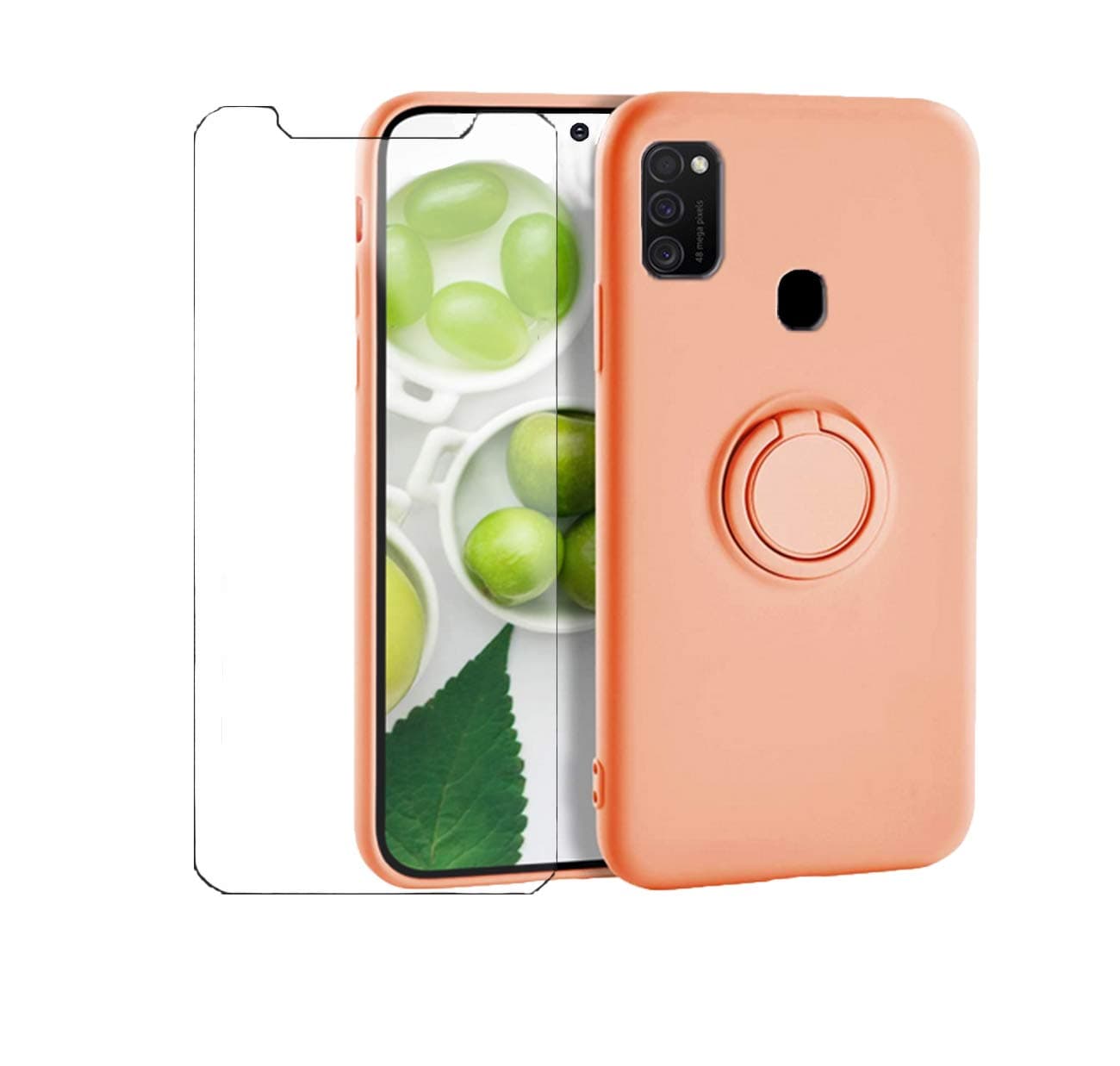 Case Compatible with Samsung M21 Samsung M31 Case Samsung M21 Samsung M31 Liquid Silicone Cases + Screen Protector with Ring Holder Shockproof Protection Cover (Orange, Samsung M31)