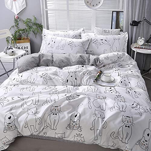 Lunoroey Cat Duvet Cover Set Double Size Black And White Cartoon Cat Printed And Checkered Double Size Reversible Duvet Cover Set All Season Bedding Set
