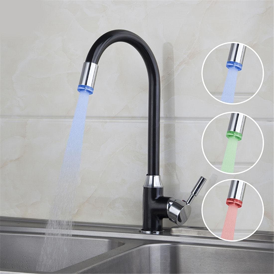 LED Color Convertible Single Lever Spout Bath Basin Sink Black Taps , Flexible Chrome Bathroom Mixer , Standard Modern Kitchen Lavatory Hot And Cold Faucet
