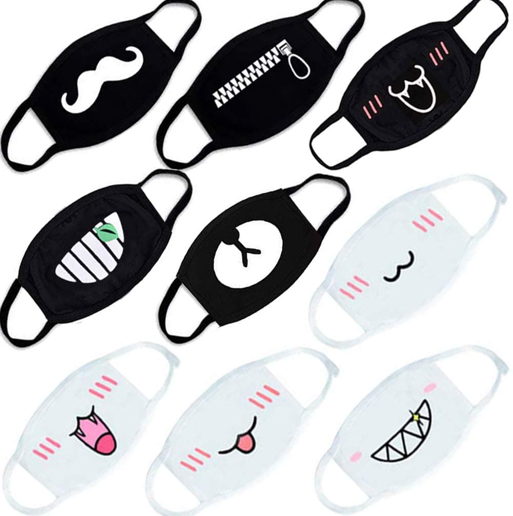 9Pcs Unisex Cartoon Cotton Mouth Mask for Girls Kawaii Cute Anime Kaomoji Emoticon Pattern Two Layers Cotton Face Mask Anti-dust Mask Face Cover Mask for Kids Men Women