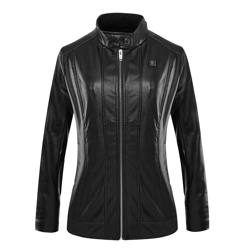 Regular Fit Women Heated Jacket PU Leather Jacket Kits with Battery (Black, S)