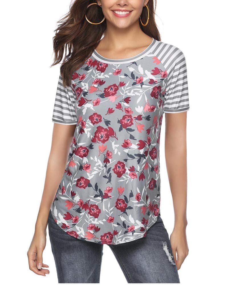 KUFV Women's Crew Neck Striped Short Sleeve Tops Floral Print Pullover Summer Blouses T Shirts