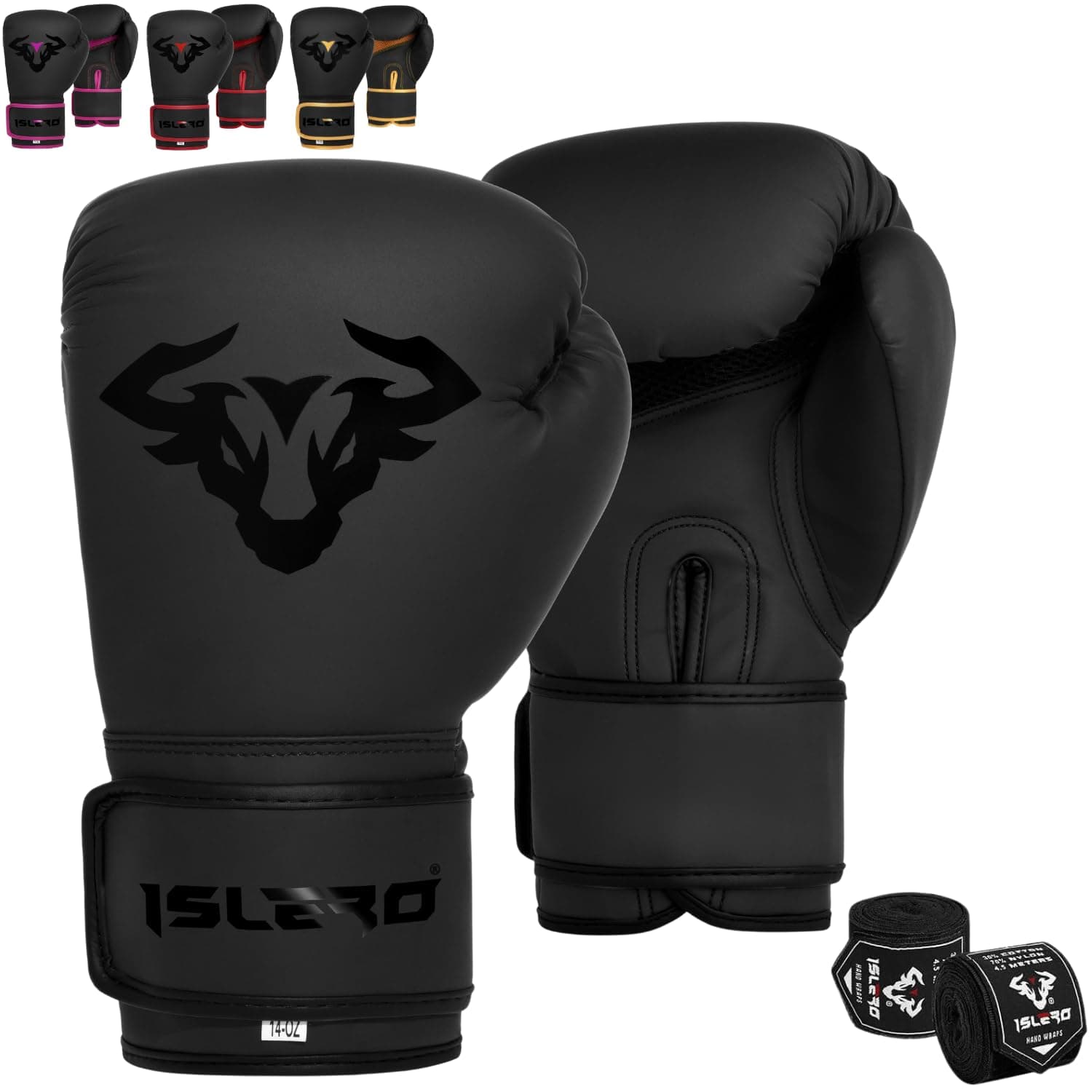 Islero EVO Fitness Matte Black Boxing Gloves Men Punch Bag Women Pink MMA Muay Thai Martial Arts Kick Boxing Sparring Training Fighting Gloves With Hand Wraps
