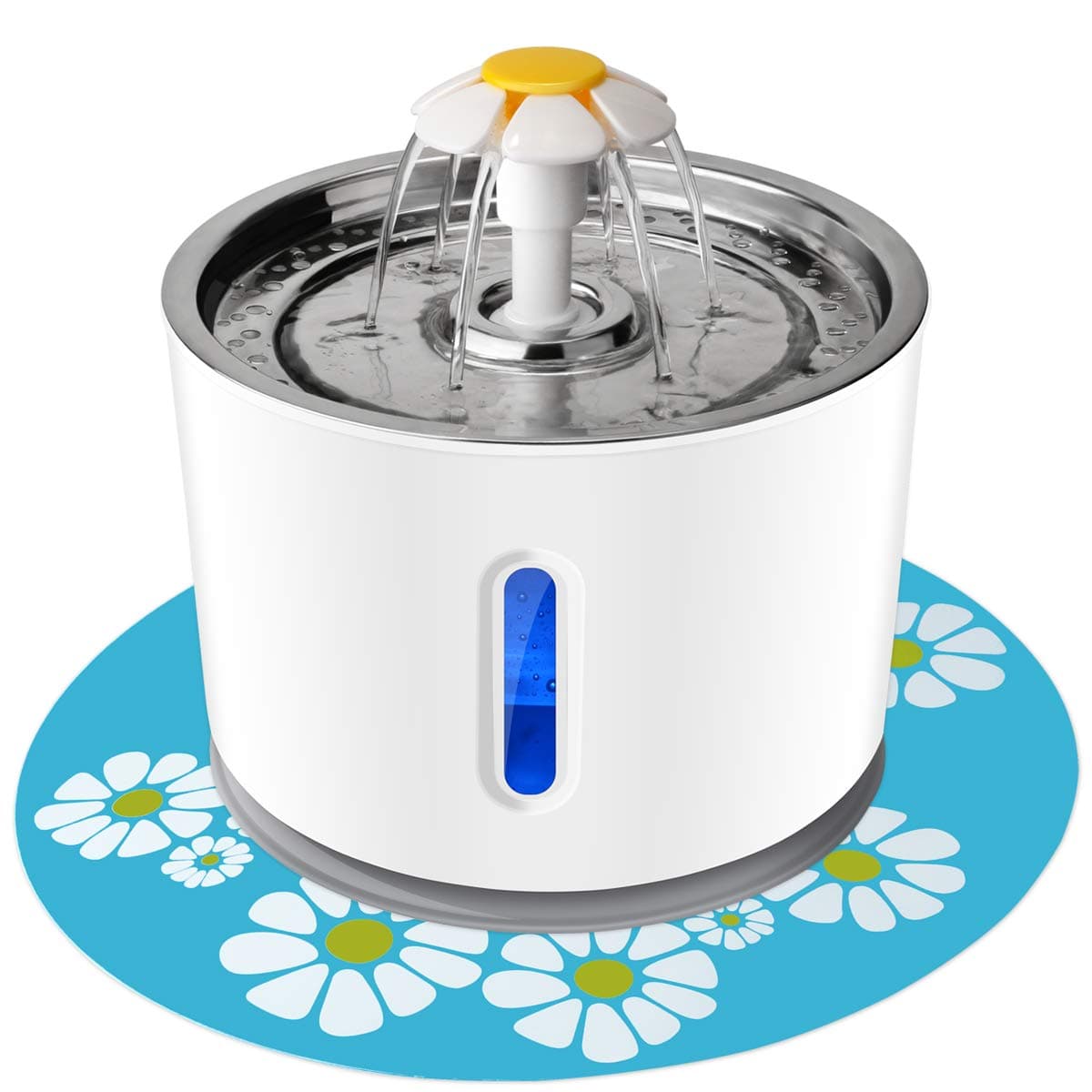 Lmlly Pet Fountain Stainless Steel, 2.4L Automatic Cat Water Fountain Dog Water Dispenser with LED Indicator & 1 Silicone Mat for Cats Dogs, Auto Power-Off, Multiple Pets (with Flower)
